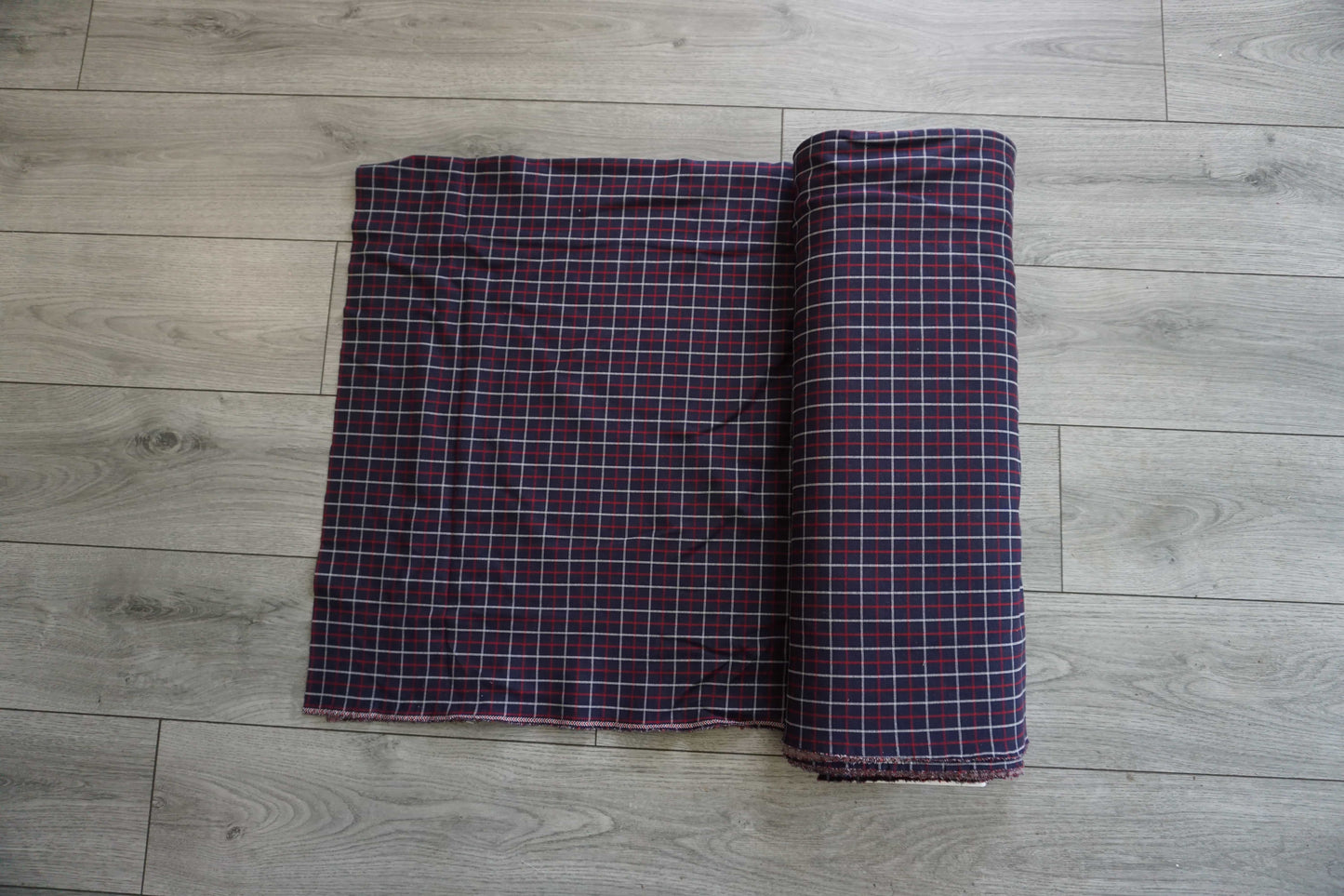 Navy, Red & White Check Stretch Viscose Blend Fabric