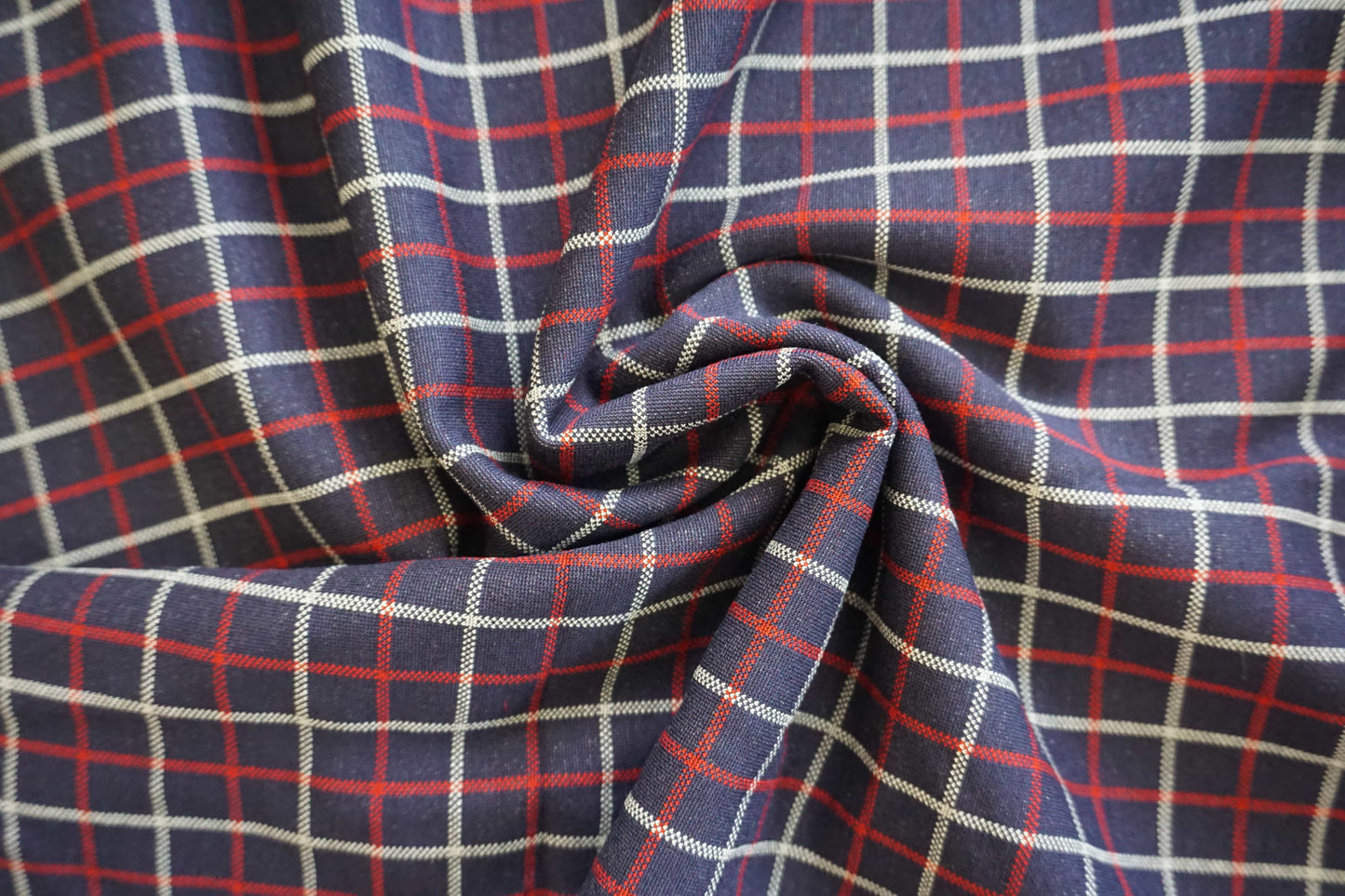 Navy, Red & White Check Stretch Viscose Blend Fabric