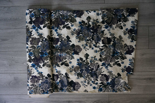 Ivory Brocade with Greg Navy & Bright Blue Floral Design