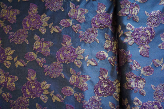 Navy Brocade Fabric with Raised Purple & Gold Rose Design