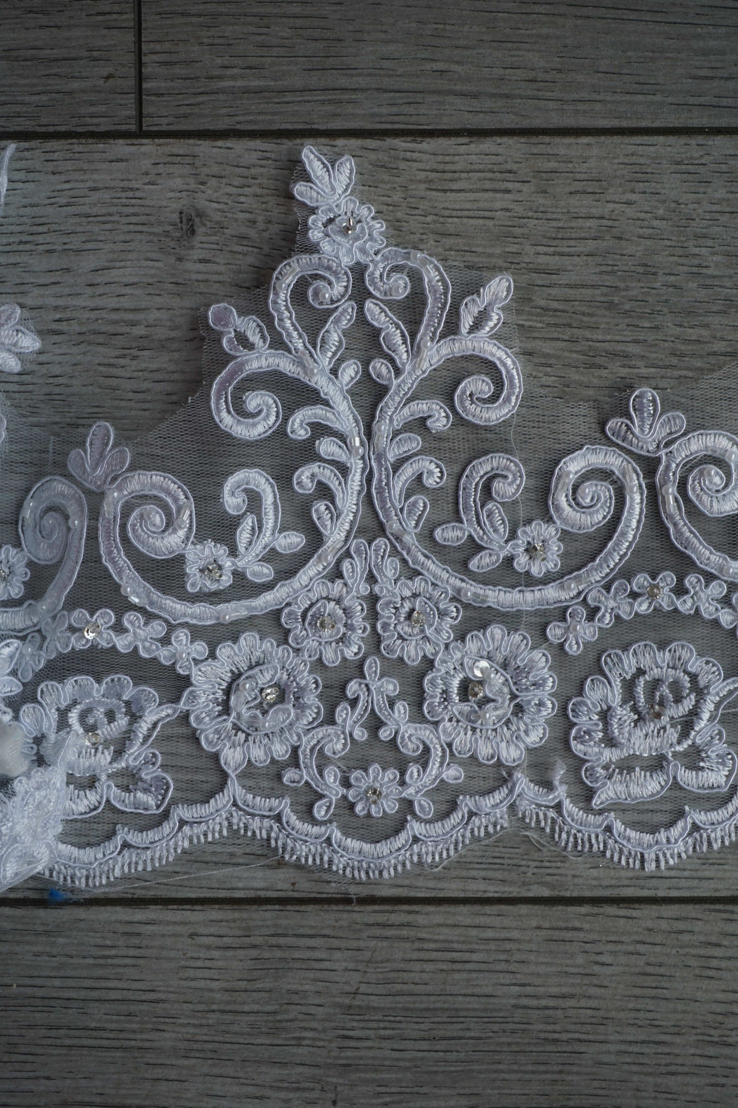 White Beaded Lace Fabric