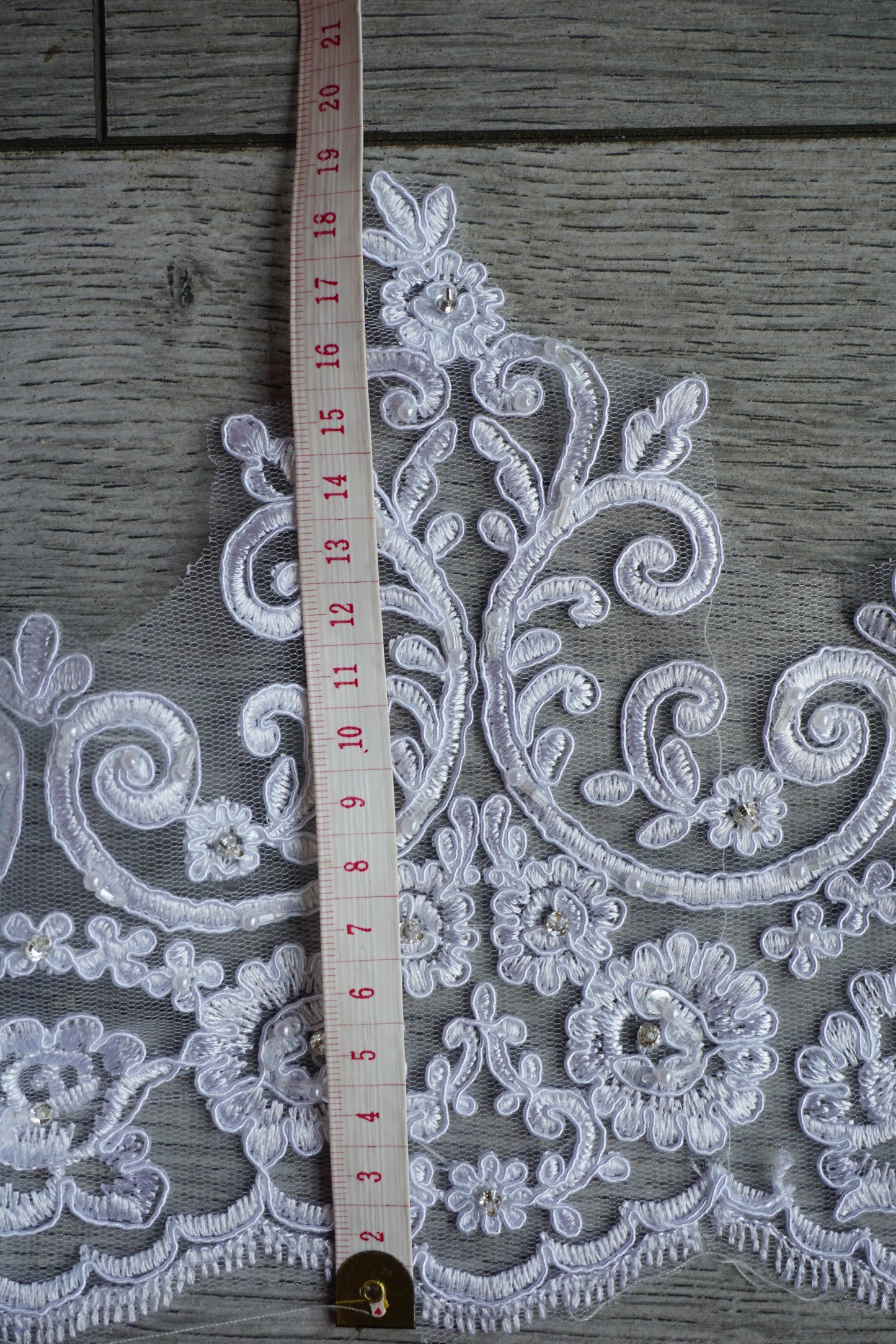 White Beaded Lace Fabric