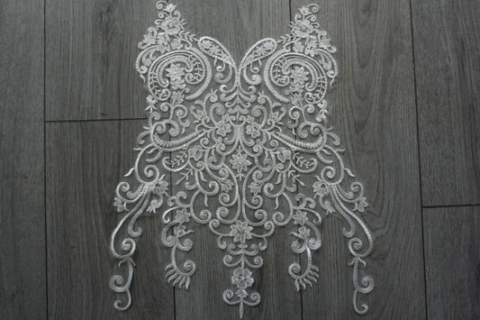 White Sequin Embroidered Lace Appliqué – Floral & Scroll Design