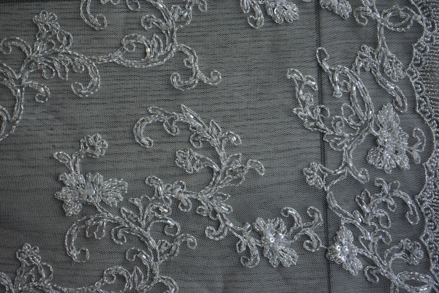 Beaded Silver Lace with Scalloped Edge