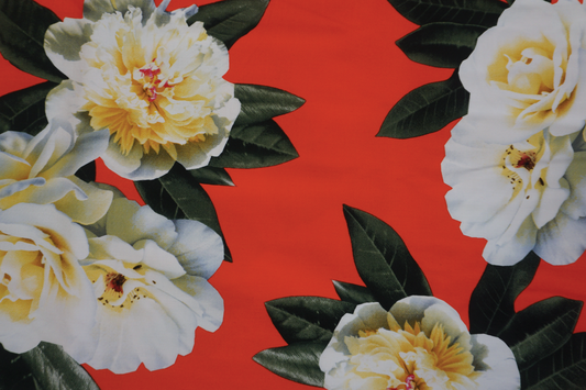 Blood Orange with Ivory Flowers Stretch Cotton