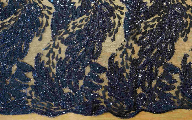 Navy Lace with Feather pattern and Sequin detail