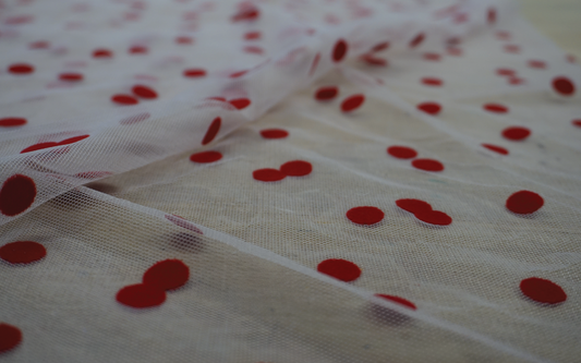 Red Velvet Polka Dots on White Tulle
