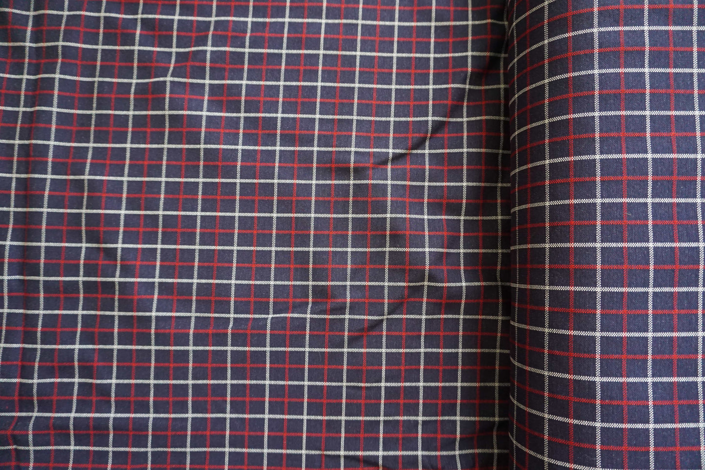Navy, Red & White Check Stretch Viscose Blend Fabric