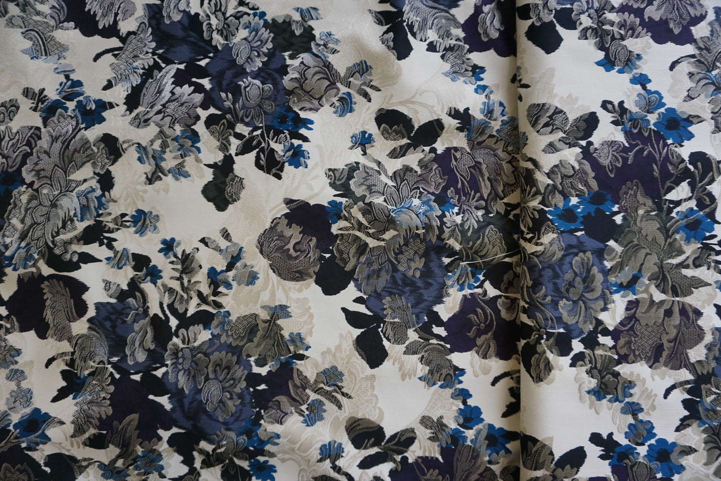 Ivory Brocade with Greg Navy & Bright Blue Floral Design
