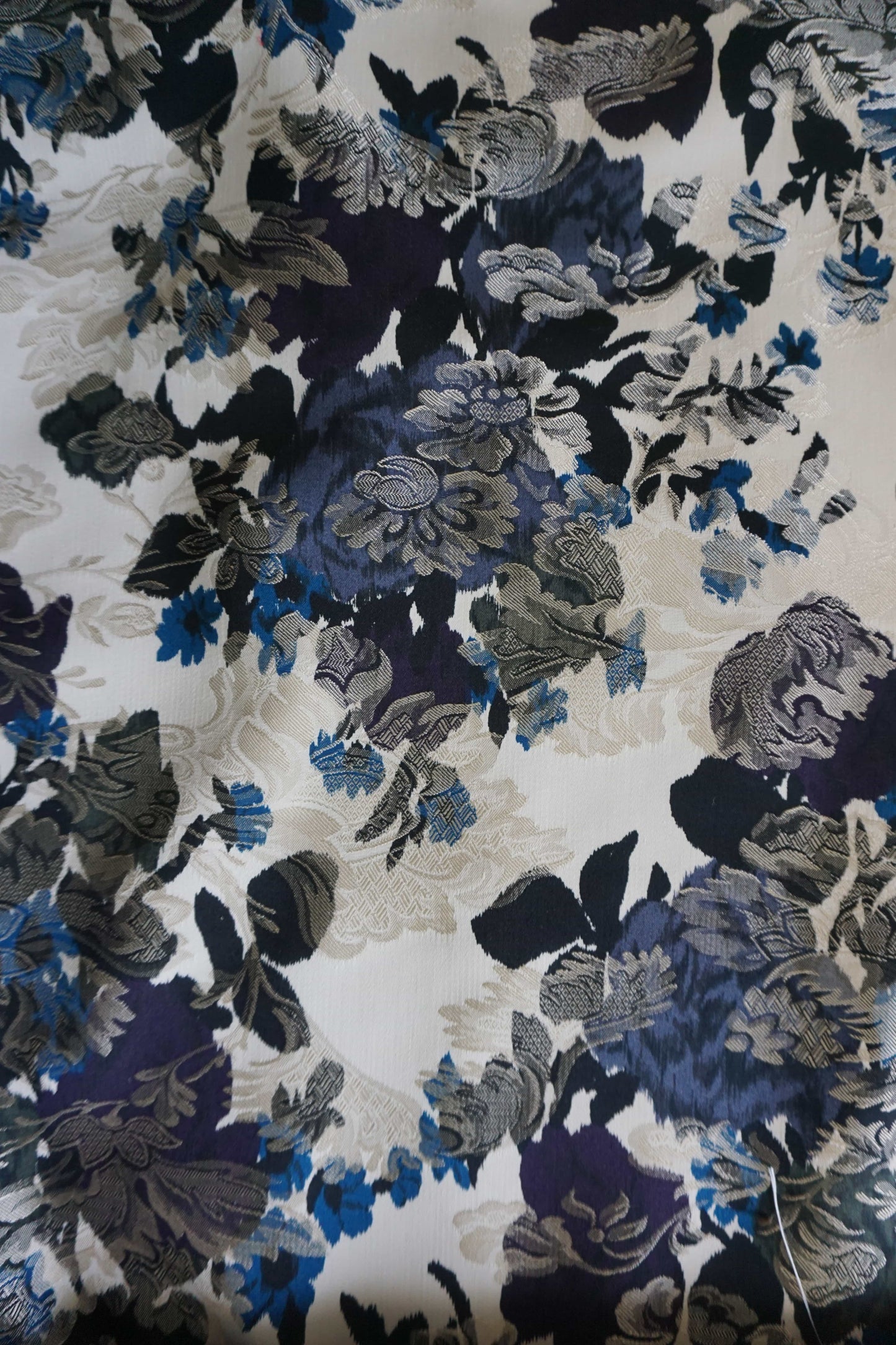Ivory Brocade with Greg Navy & Bright Blue Floral Design