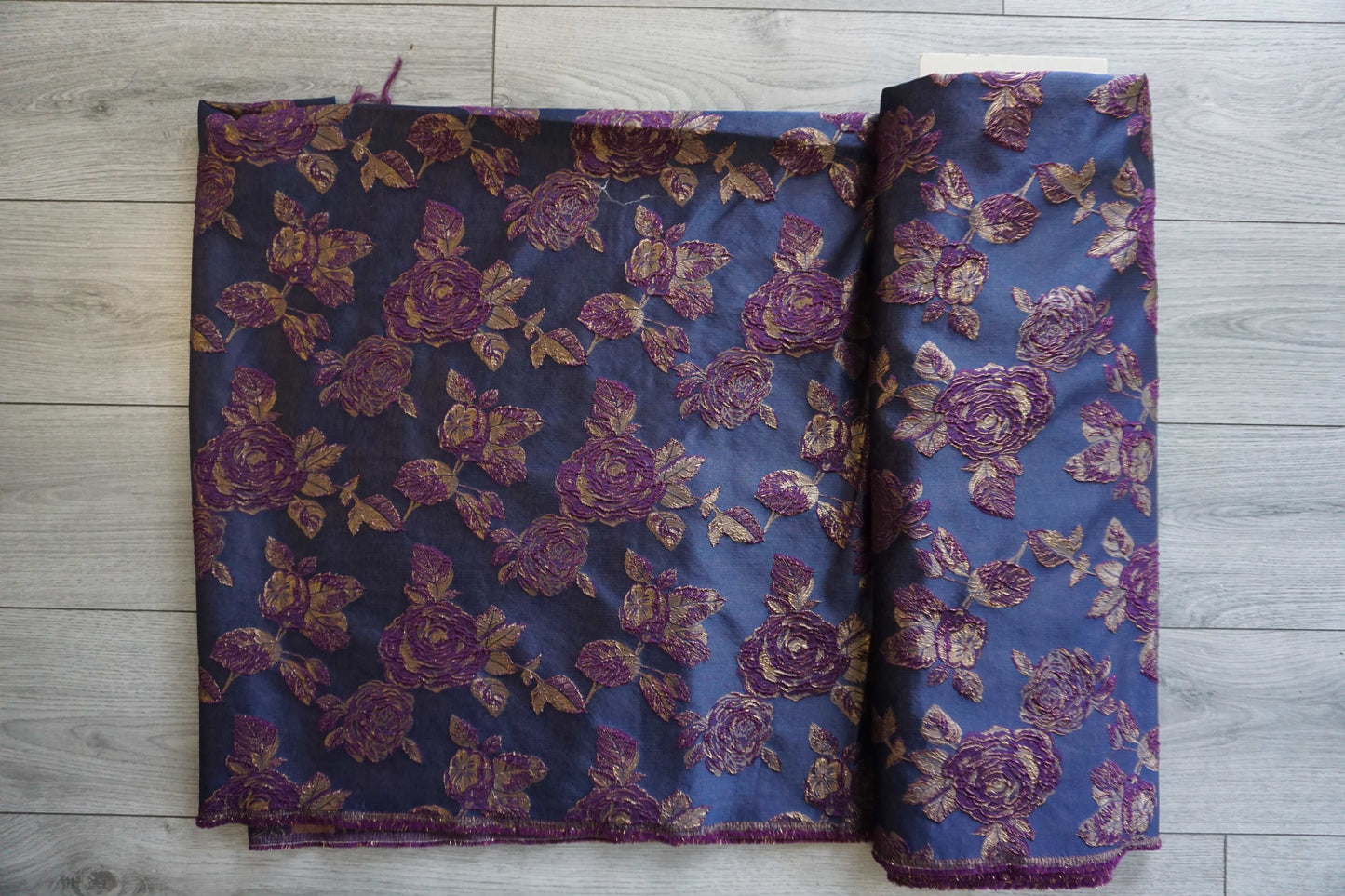 Navy Brocade Fabric with Raised Purple & Gold Rose Design