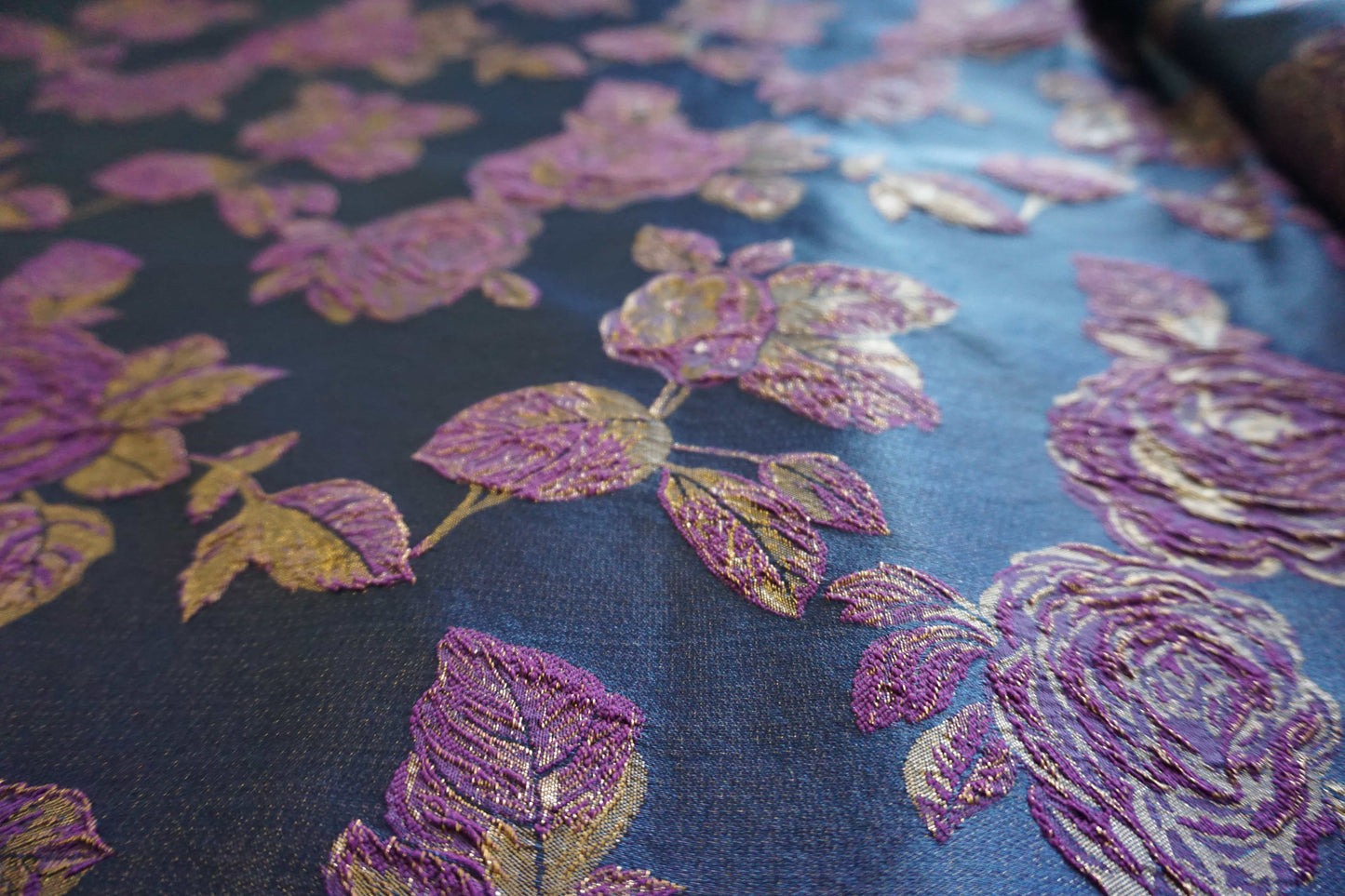 Navy Brocade Fabric with Raised Purple & Gold Rose Design