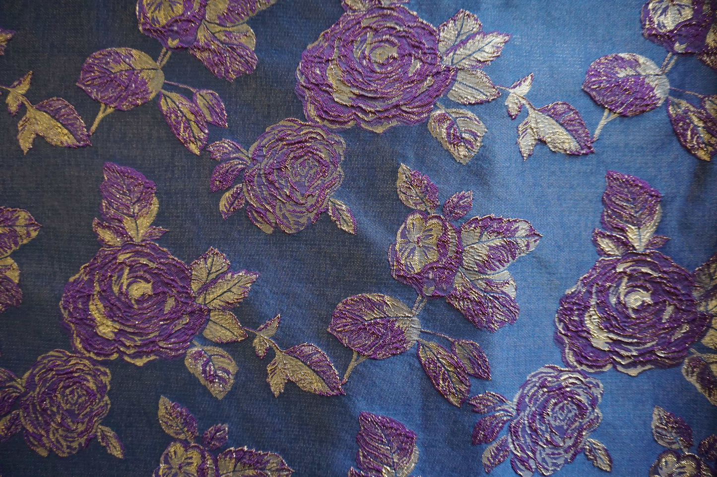 Navy Brocade Fabric with Raised Purple & Gold Rose Design