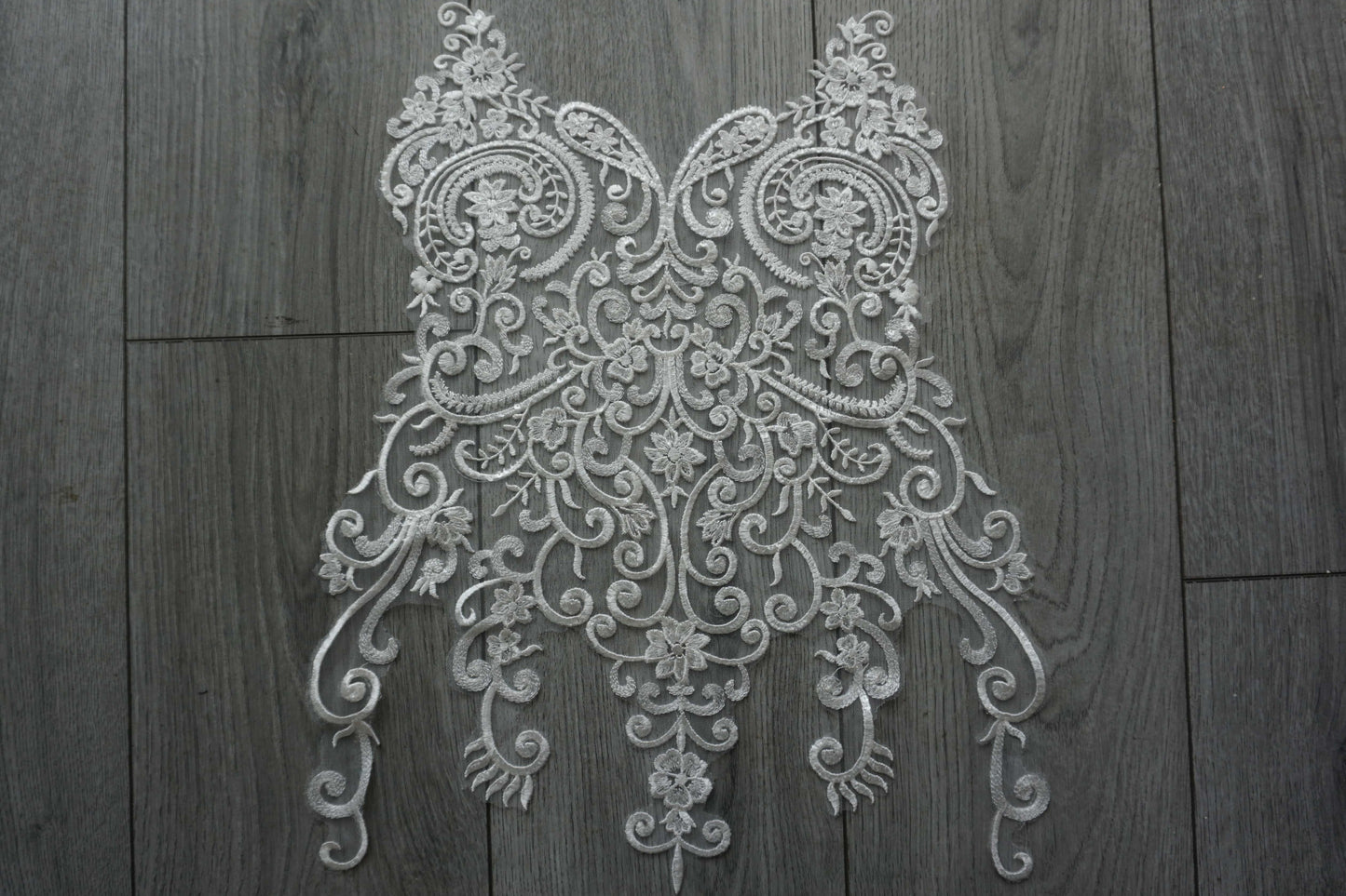 White Sequin Embroidered Lace Appliqué – Floral & Scroll Design