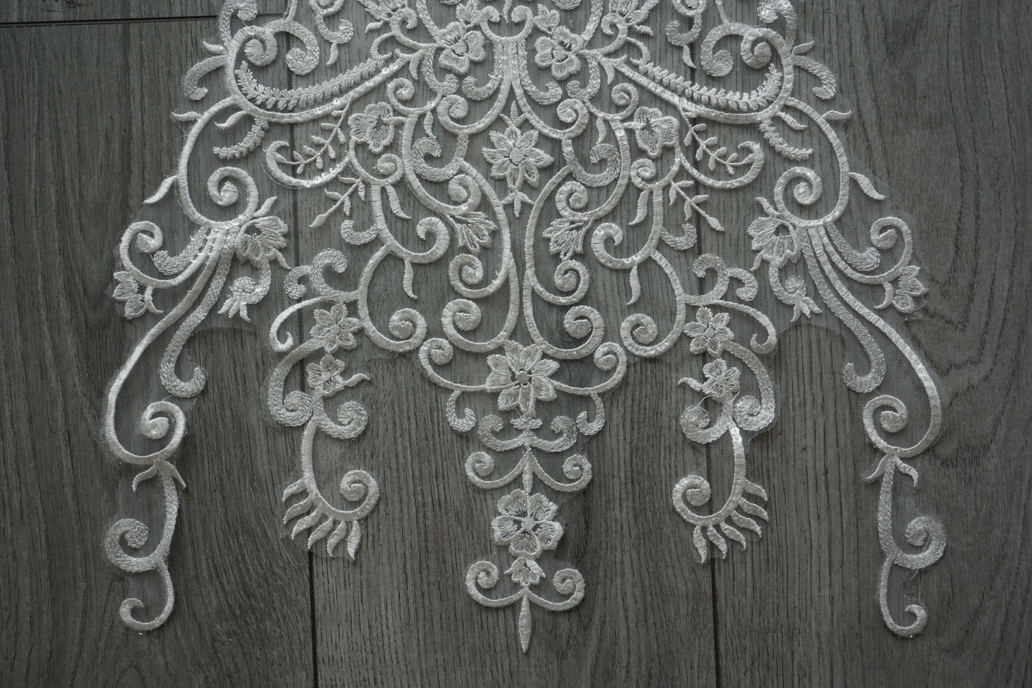 White Sequin Embroidered Lace Appliqué – Floral & Scroll Design