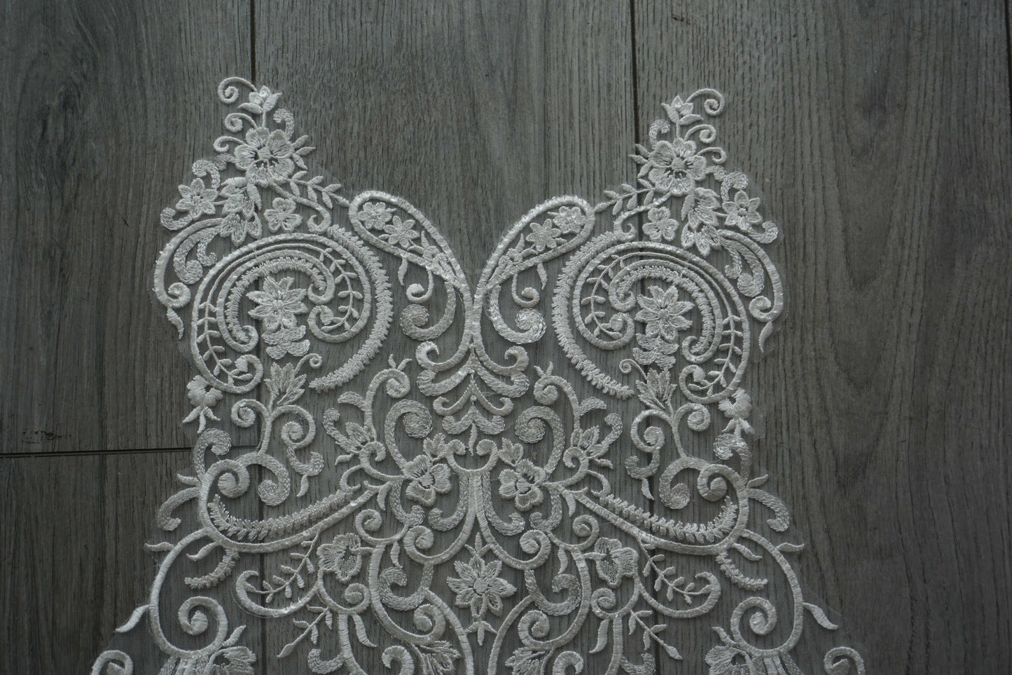 White Sequin Embroidered Lace Appliqué – Floral & Scroll Design