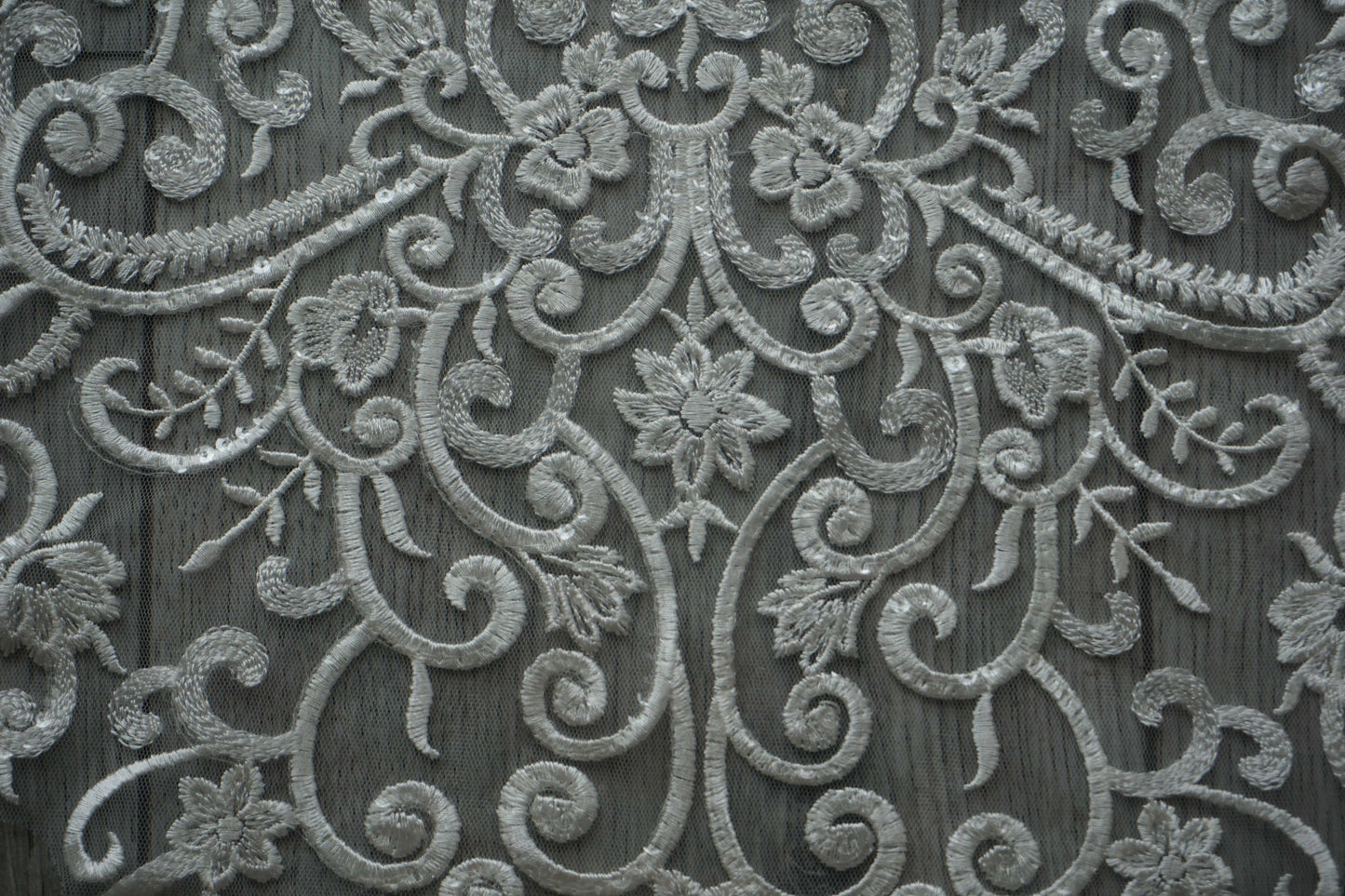 White Sequin Embroidered Lace Appliqué – Floral & Scroll Design