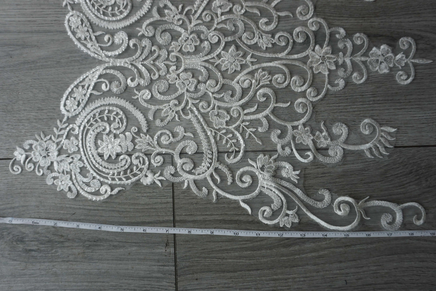 White Sequin Embroidered Lace Appliqué – Floral & Scroll Design