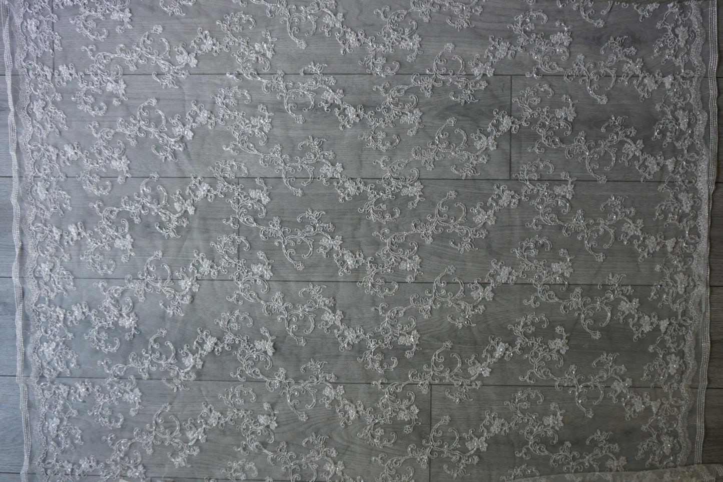 Beaded Silver Lace with Scalloped Edge