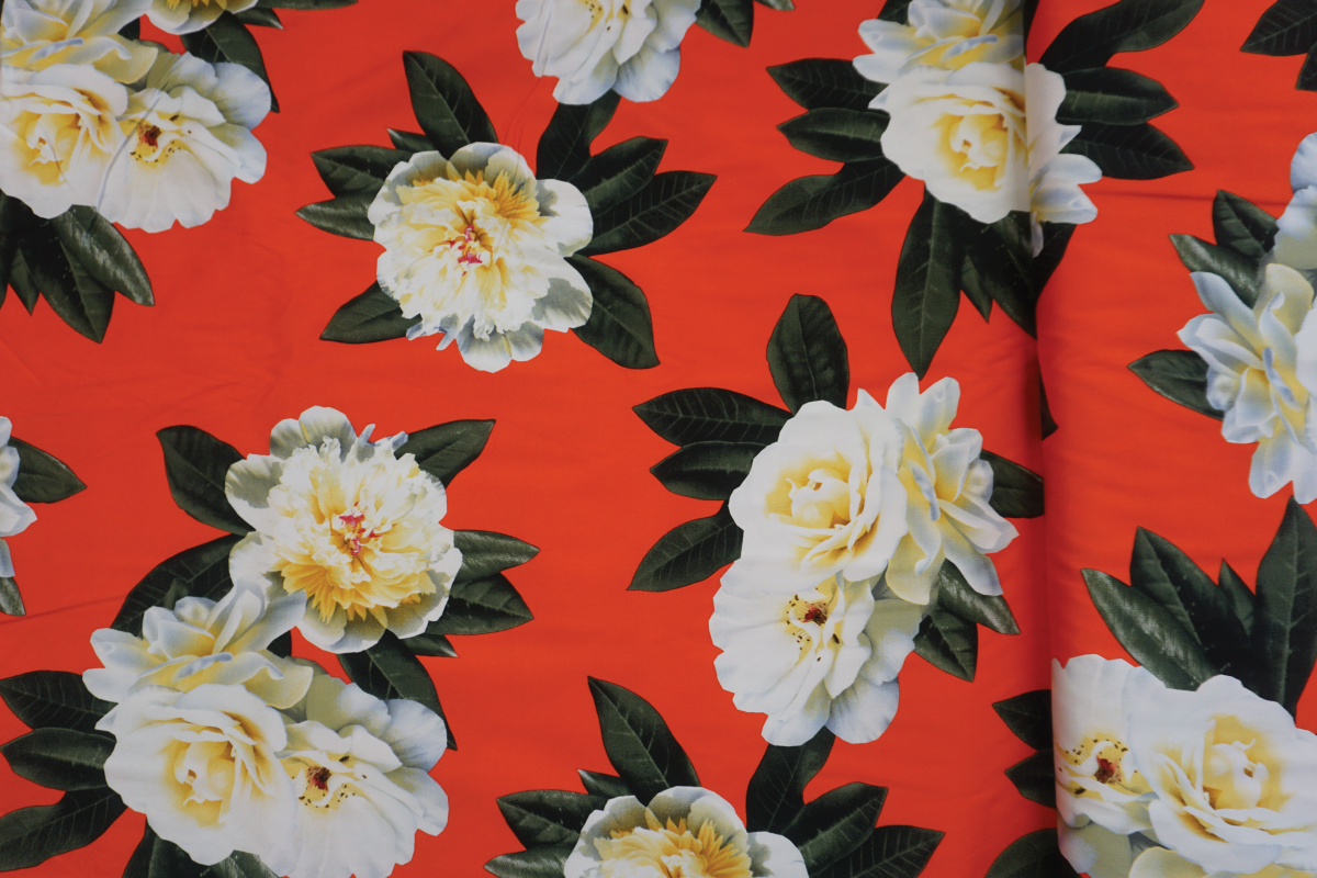 Blood Orange with Ivory Flowers Stretch Cotton
