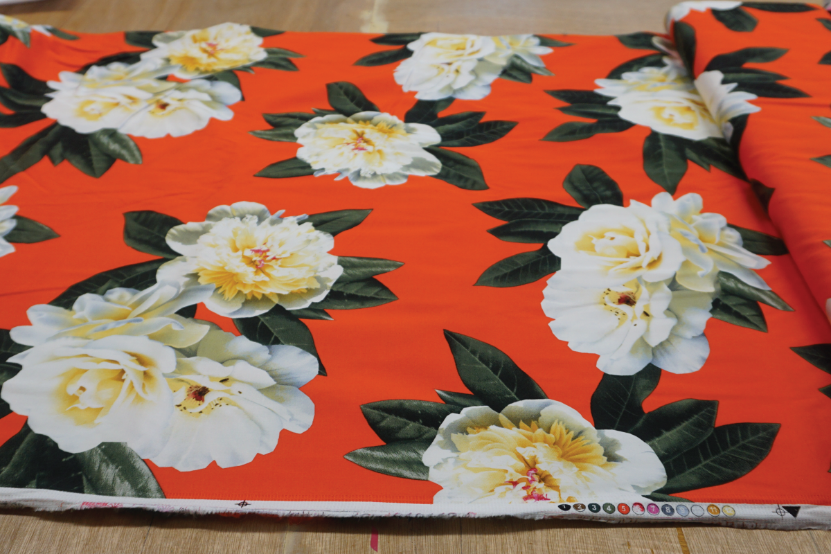 Blood Orange with Ivory Flowers Stretch Cotton